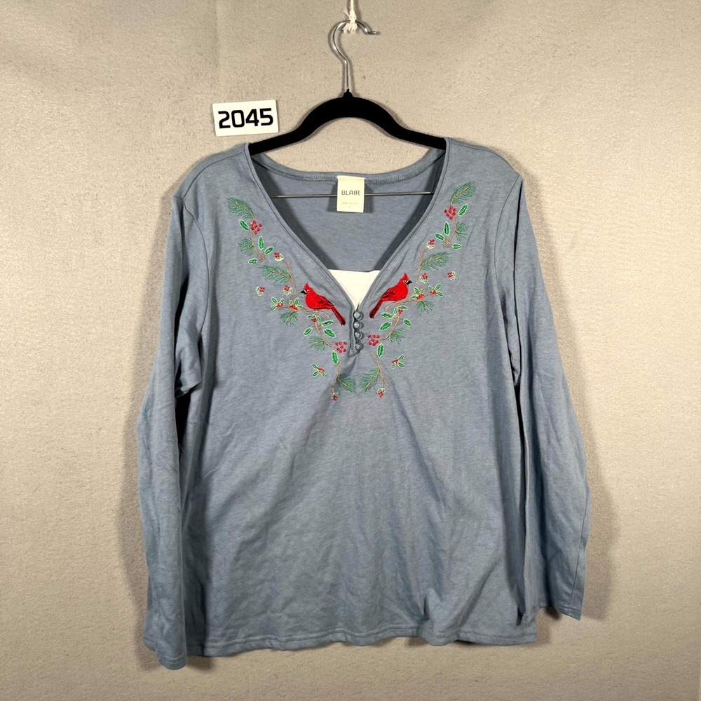 Blair Blouse Top Womens Large Blue Knit Embroidered Cardinals Floral V Neck